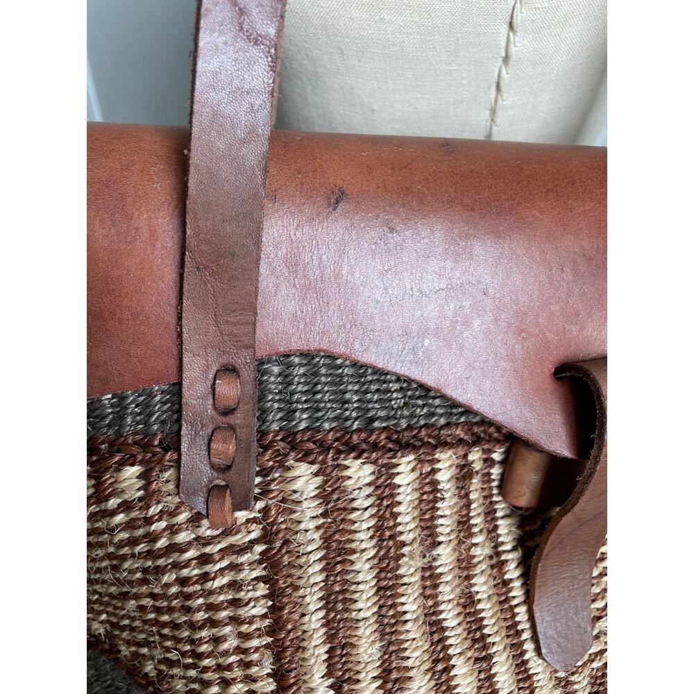 Vintage Large Sisal Woven Tote Leather Trim Market Bag Rare Boho - Picture 7 of 13